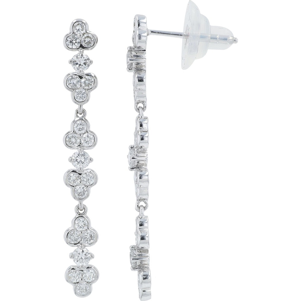 18K White Gold Cascading Drop Earrings with Alternating Solitaire and Tri-Clover Round Diamonds - 1.56 Carat Total Diamond Weight