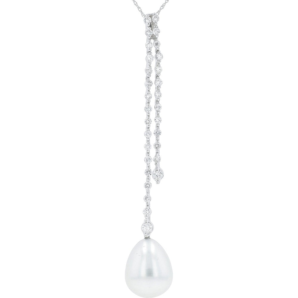 18K White Gold Cascading Drop Pendant with Round Diamonds and Luminous Teardrop Pearl - 1.08 Carat Total Diamond Weight