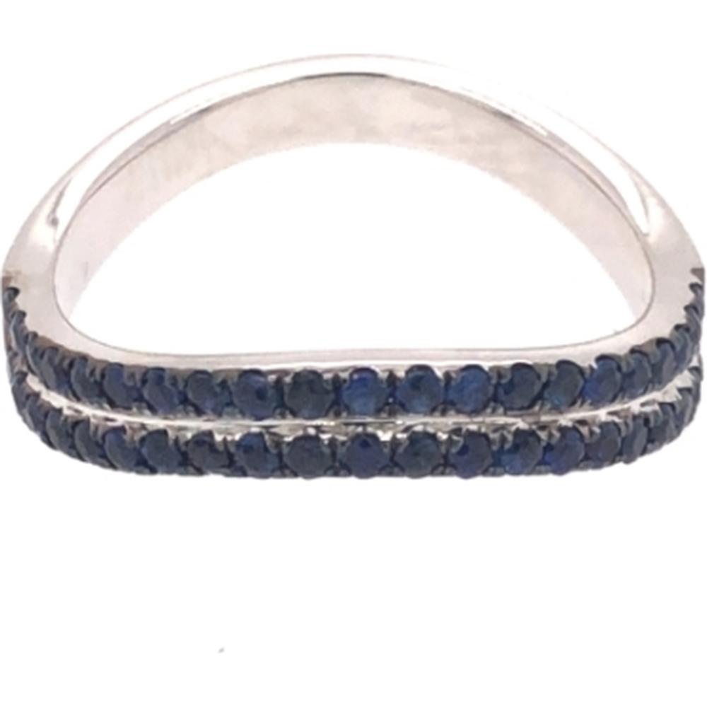 18K White Gold Chevron Band Ring with Double Row Round Blue Sapphires by Afarin