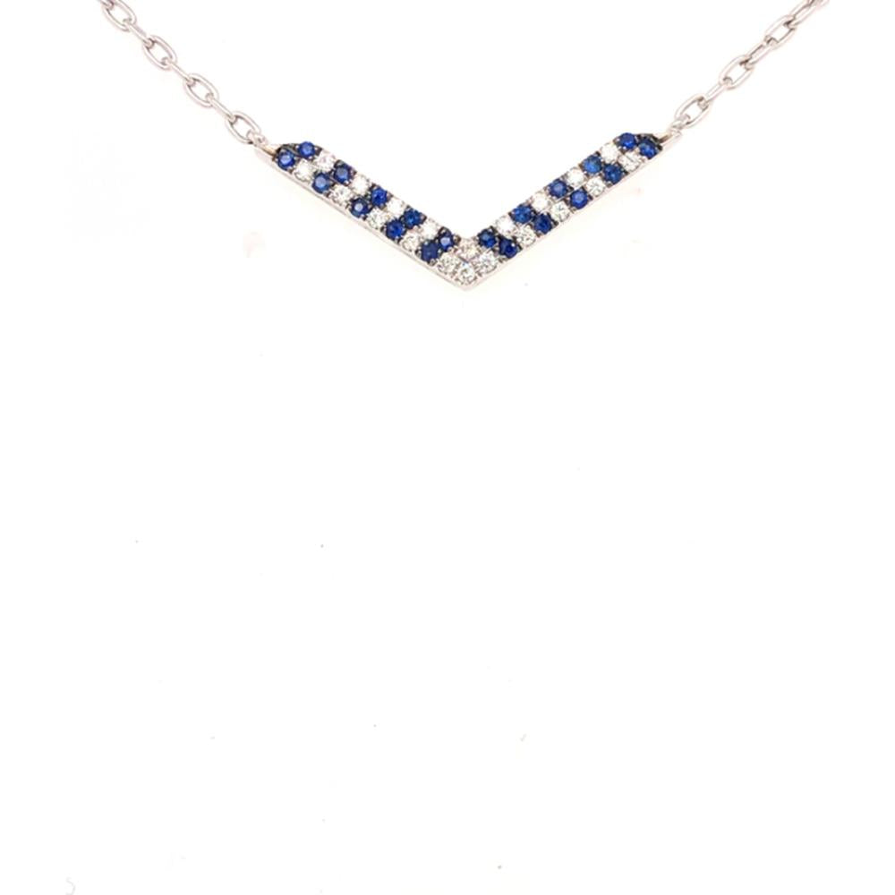 18K White Gold Chevron Pendant Necklace with Round Blue Sapphires and Diamonds by Afarin