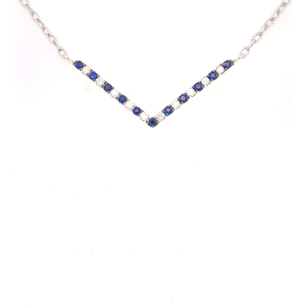18K White Gold Chevron Pendant Necklace with Round Blue Sapphires and Round Diamonds by Afarin
