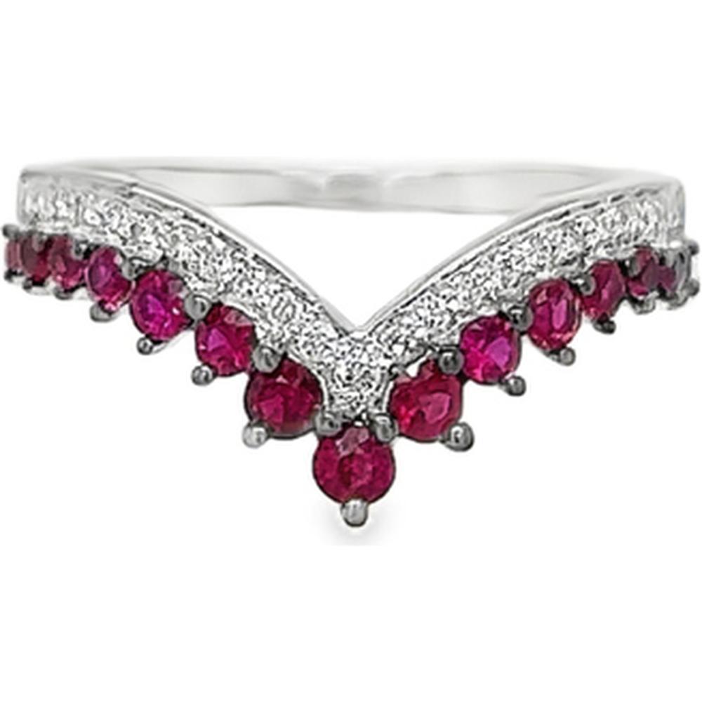18K White Gold Chevron Ring with Round Rubies and Diamond Accents by Afarin