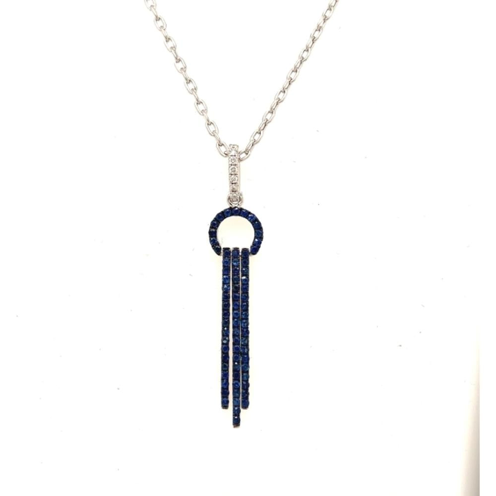 18K White Gold Circle Fringe Pendant Necklace with Blue Sapphires and Diamond Accent Bail by Afarin
