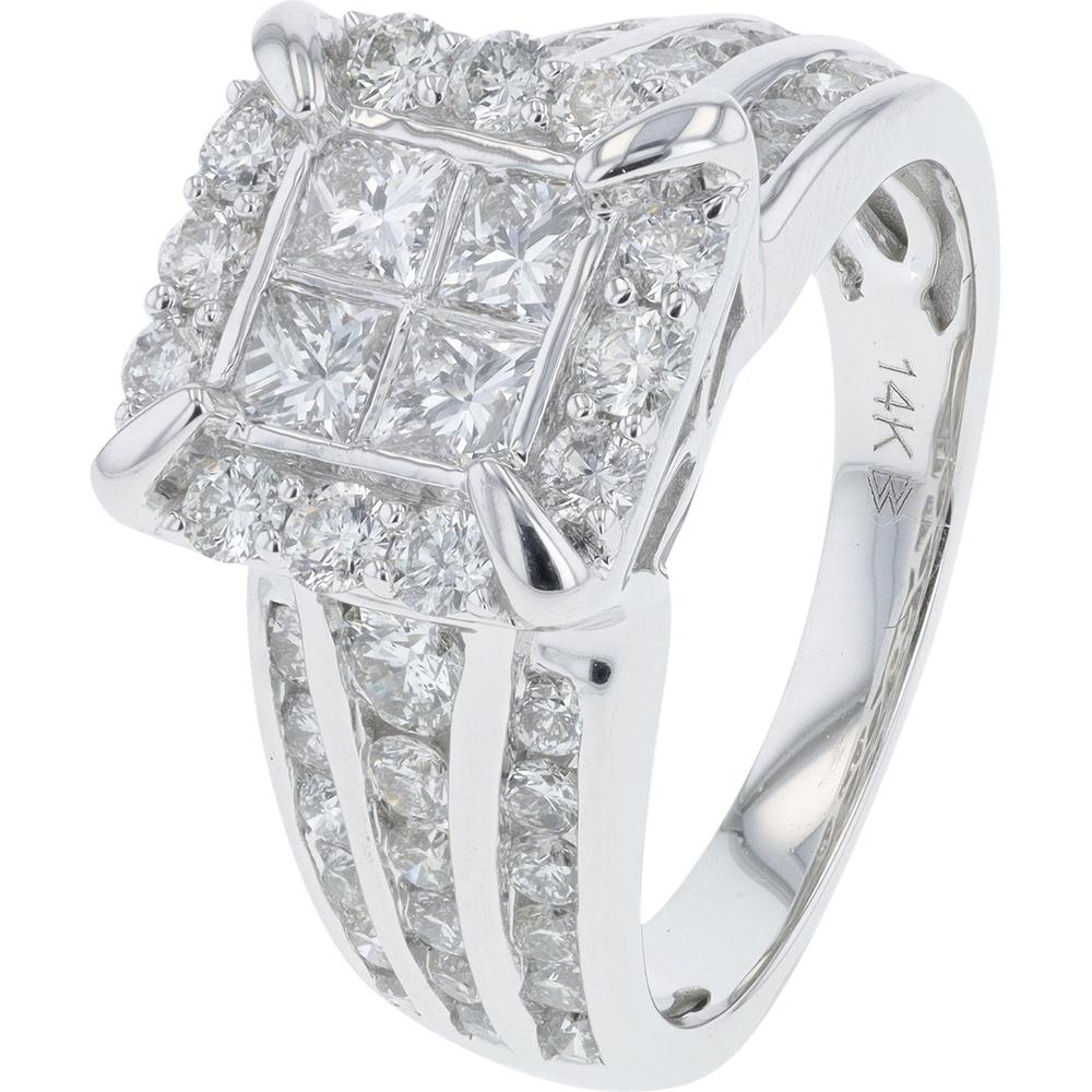 18K White Gold Cluster Ring with Princess and Round Diamonds - 2.00 Carat Total Diamond Weight