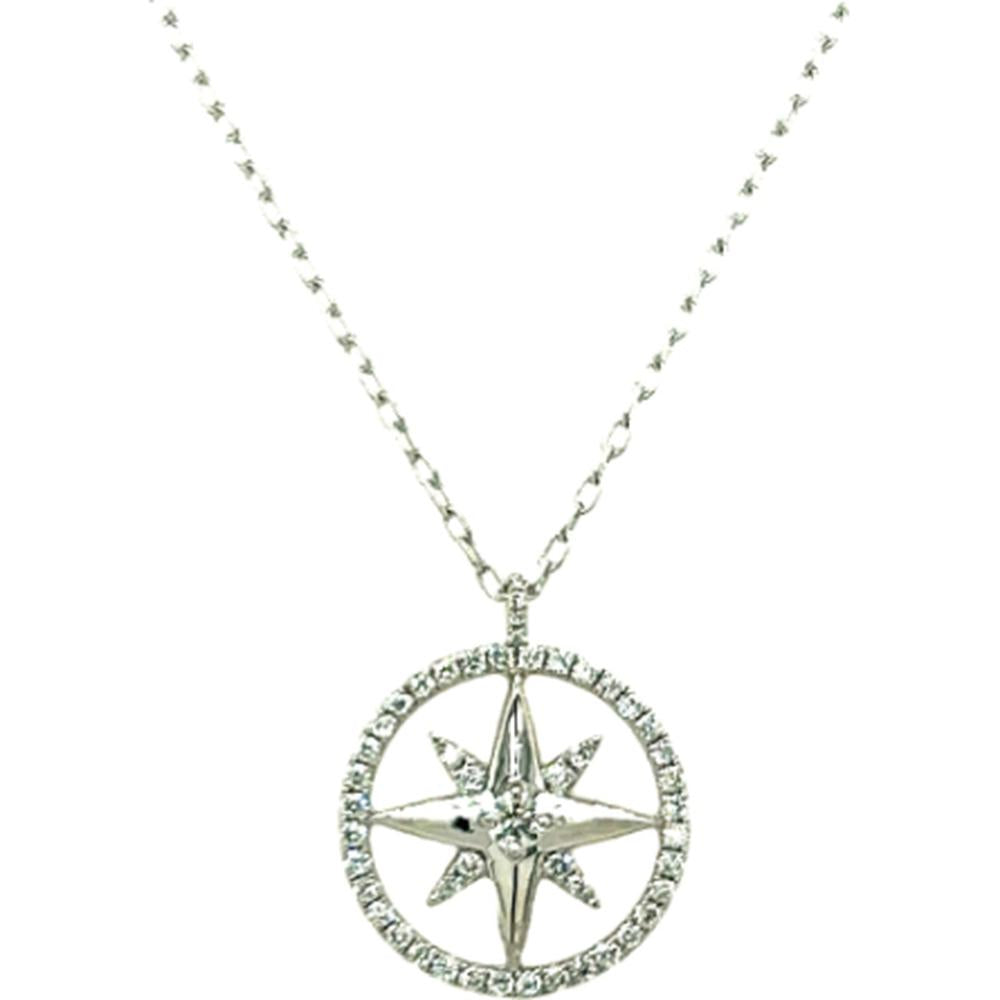 18K White Gold Compass Star Pendant Necklace with Round Diamonds by Afarin