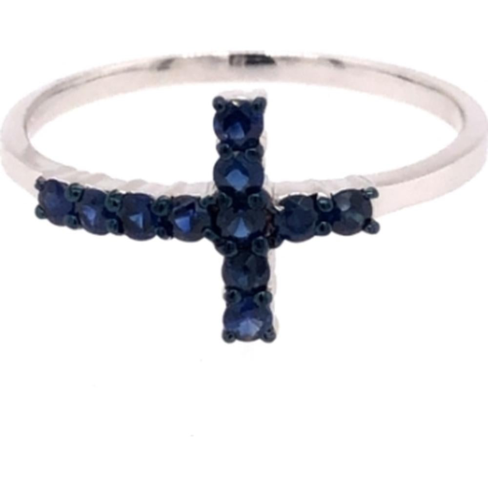 18K White Gold Contemporary Blue Sapphire Cross Motif Ring by Afarin