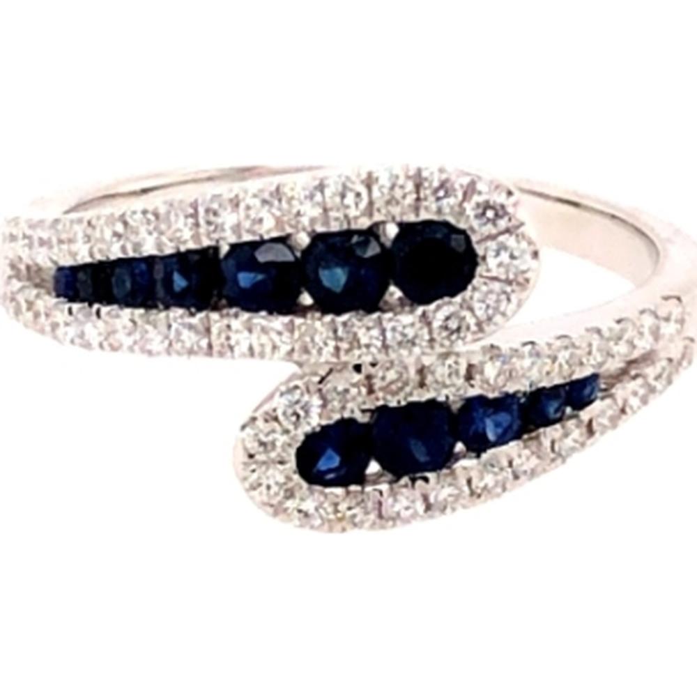 18K White Gold Contemporary Bypass Ring with Round Blue Sapphires and Diamond Accents by Afarin
