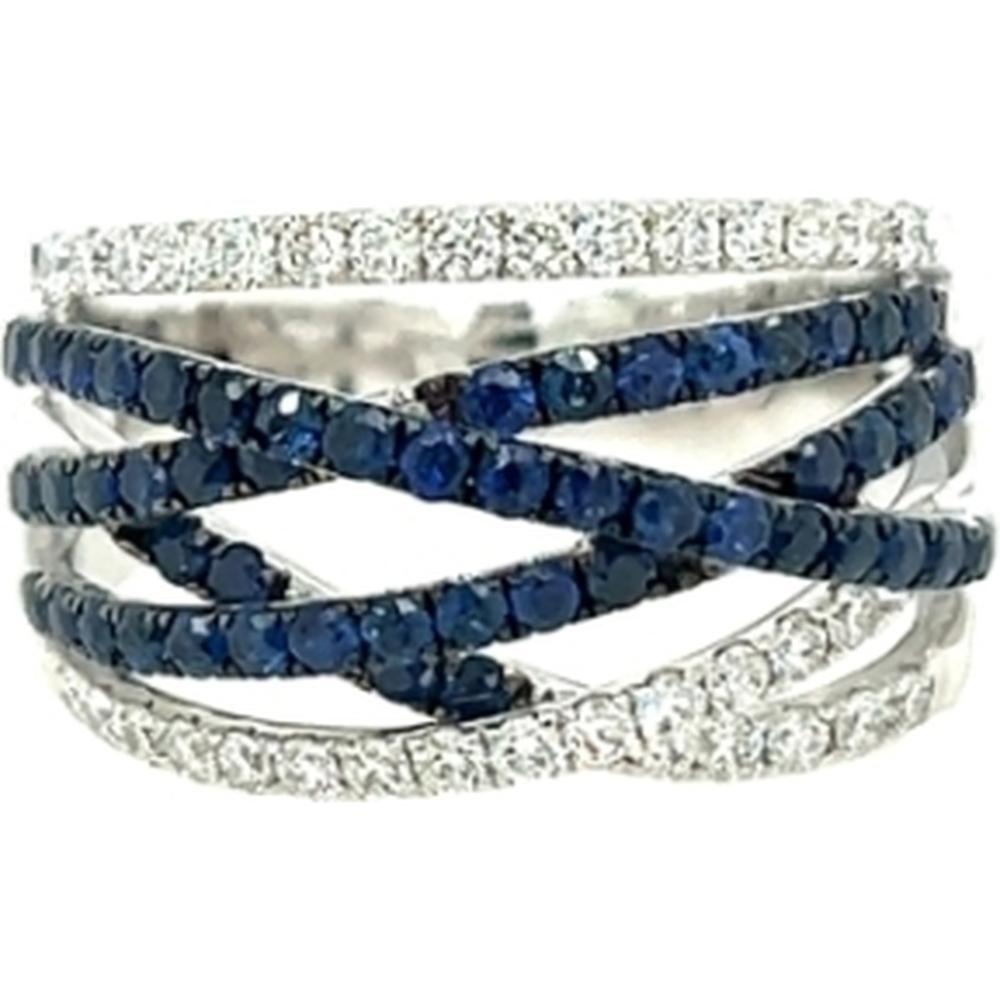 18K White Gold Contemporary Crisscross Ring with Blue Sapphires and Diamond Accents by Afarin