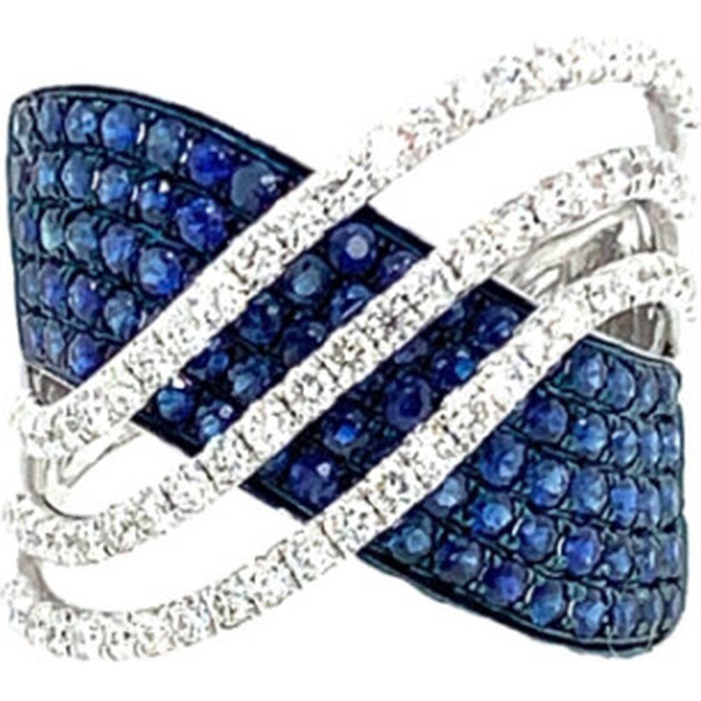 18K White Gold Contemporary Crisscross Ring with Blue Sapphires and Diamonds by Afarin