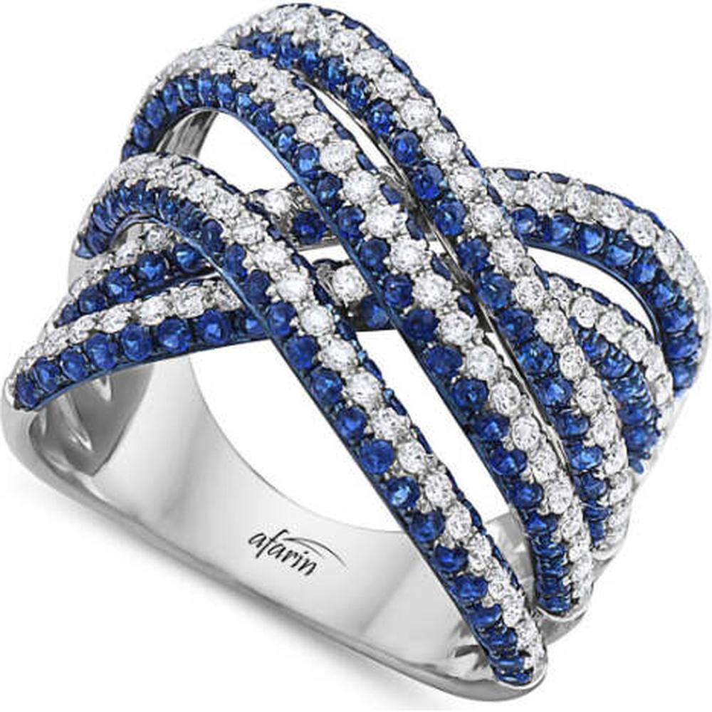18K White Gold Contemporary Crisscross Ring with Round Blue Sapphires and Round Diamonds by Afarin