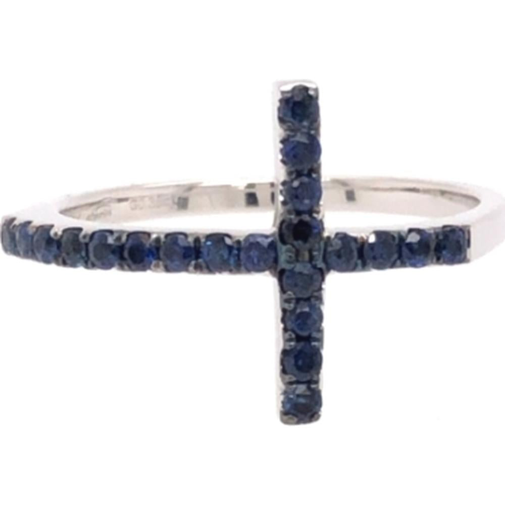 18K White Gold Contemporary Cross Style Ring with Round Blue Sapphires by Afarin