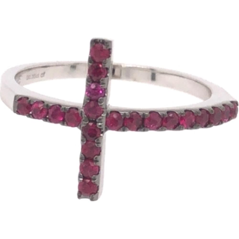 18K White Gold Contemporary Crossing Ruby Ring with Round Rubies by Afarin