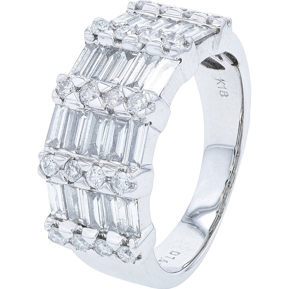 18K White Gold Contemporary Geometric Ring with Vertical Baguette and Round Diamond Settings - 1.60 Carat Total Diamond Weight