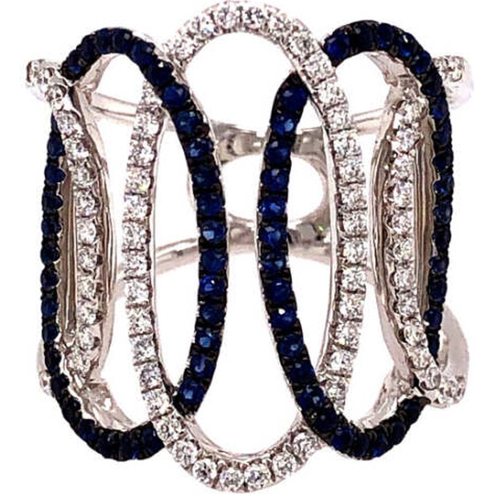 18K White Gold Contemporary Openwork Ring with Round Blue Sapphires and Round Diamonds by Afarin