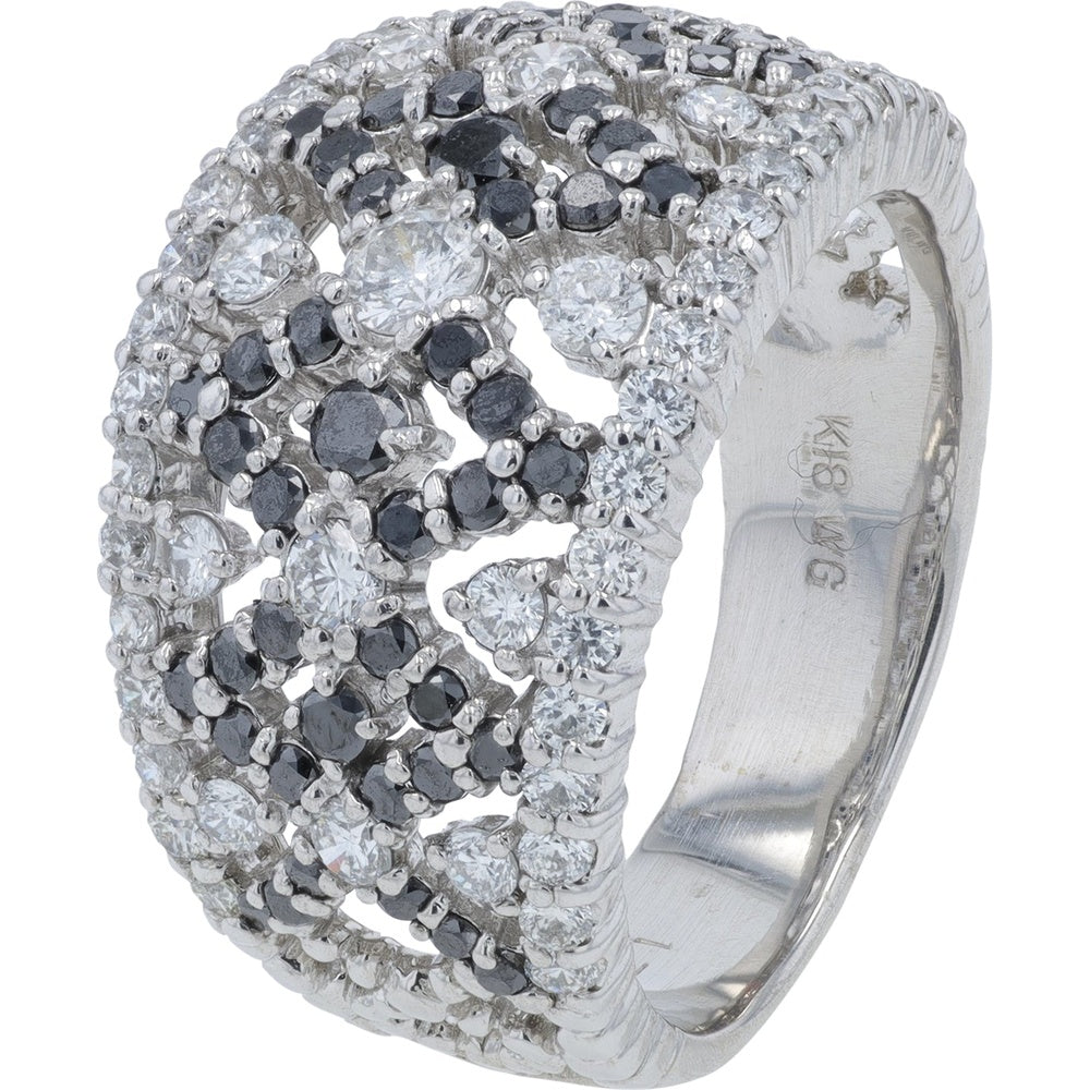 18K White Gold Contemporary Openwork Ring with Round Brilliant and Black Diamonds - 1.75 Carat Total Diamond Weight