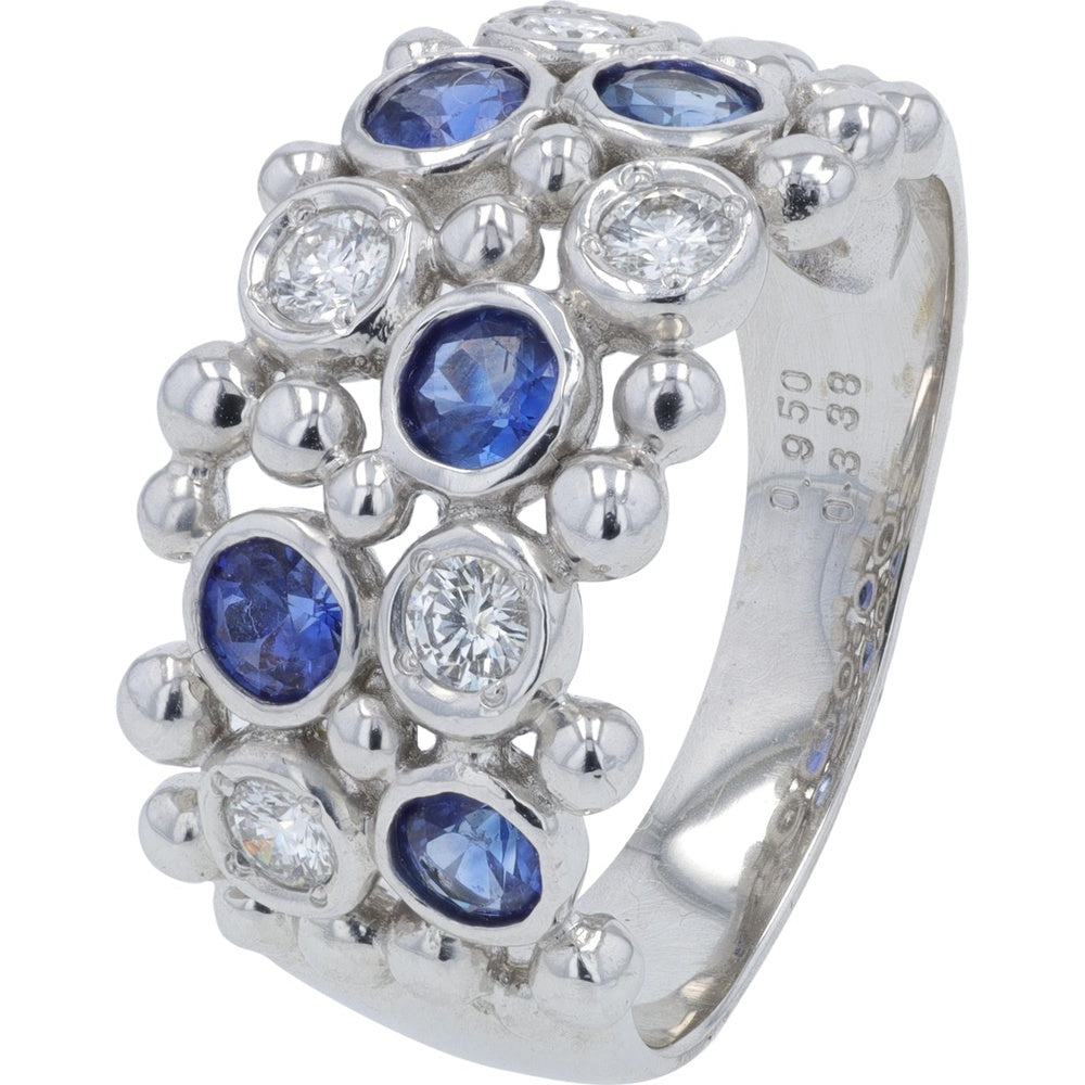 18K White Gold Contemporary Ring with Bezel Set Round and Oval Sapphires and Accent Diamonds - 0.95 Carat Total Sapphire Weight and 0.338 Carat Total Diamond Weight