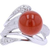 18K White Gold Coral Bead Ring with Diamond Accents - 10mm Coral, 0.08 Carat Diamonds