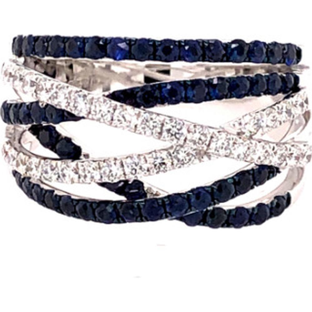 18K White Gold Crisscross Band Ring with Round Blue Sapphires and Diamonds by Afarin