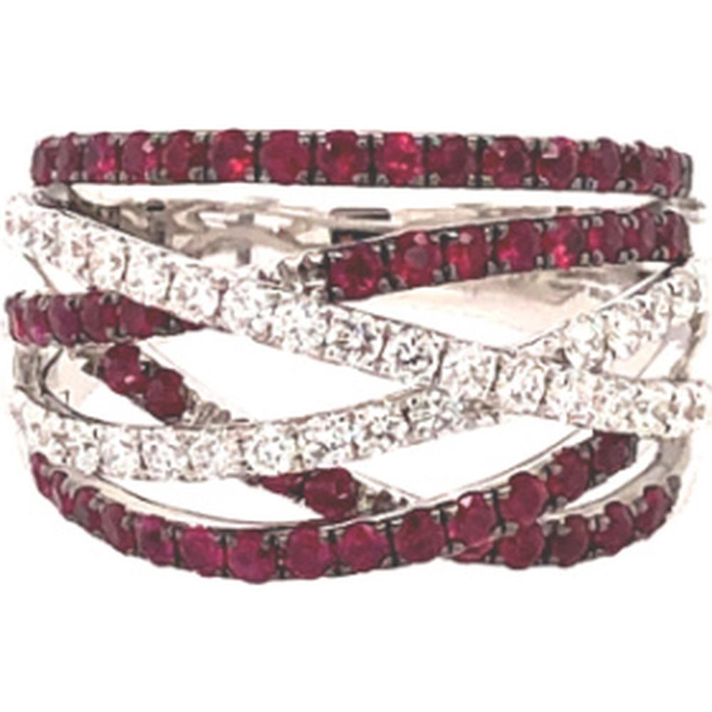 18K White Gold Crisscross Band Ring with Rubies and Diamonds by Afarin