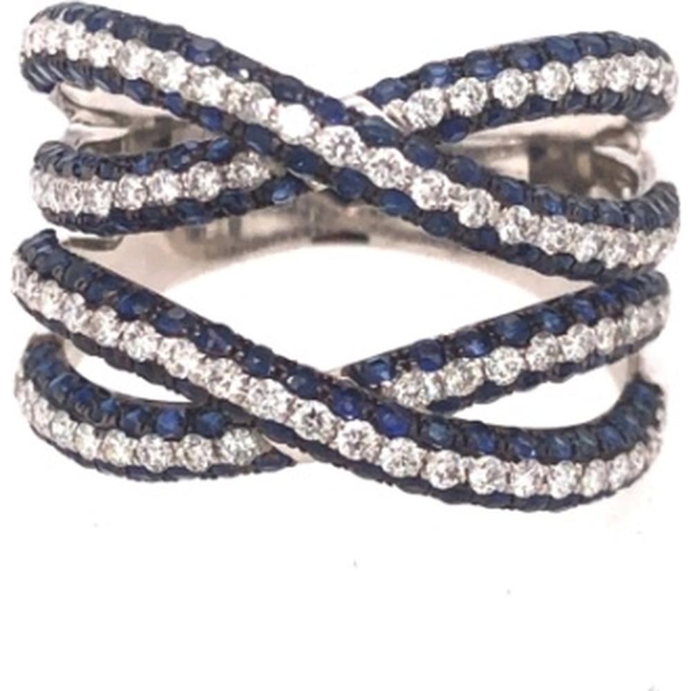 18K White Gold Crisscross Open Band Ring with Round Diamonds and Blue Sapphires by Afarin