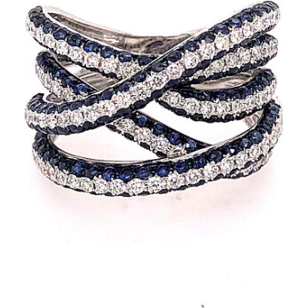 18K White Gold Crisscross Ring with Blue Sapphires and Diamonds by Afarin