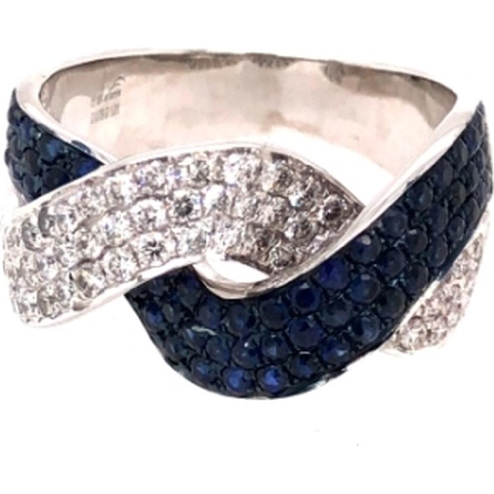 18K White Gold Crisscross Ring with Pavé Blue Sapphires and Diamonds by Afarin