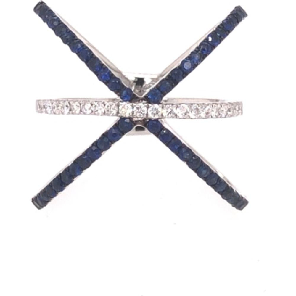 18K White Gold Crisscross Ring with Round Blue Sapphires and Center Diamond Band by Afarin