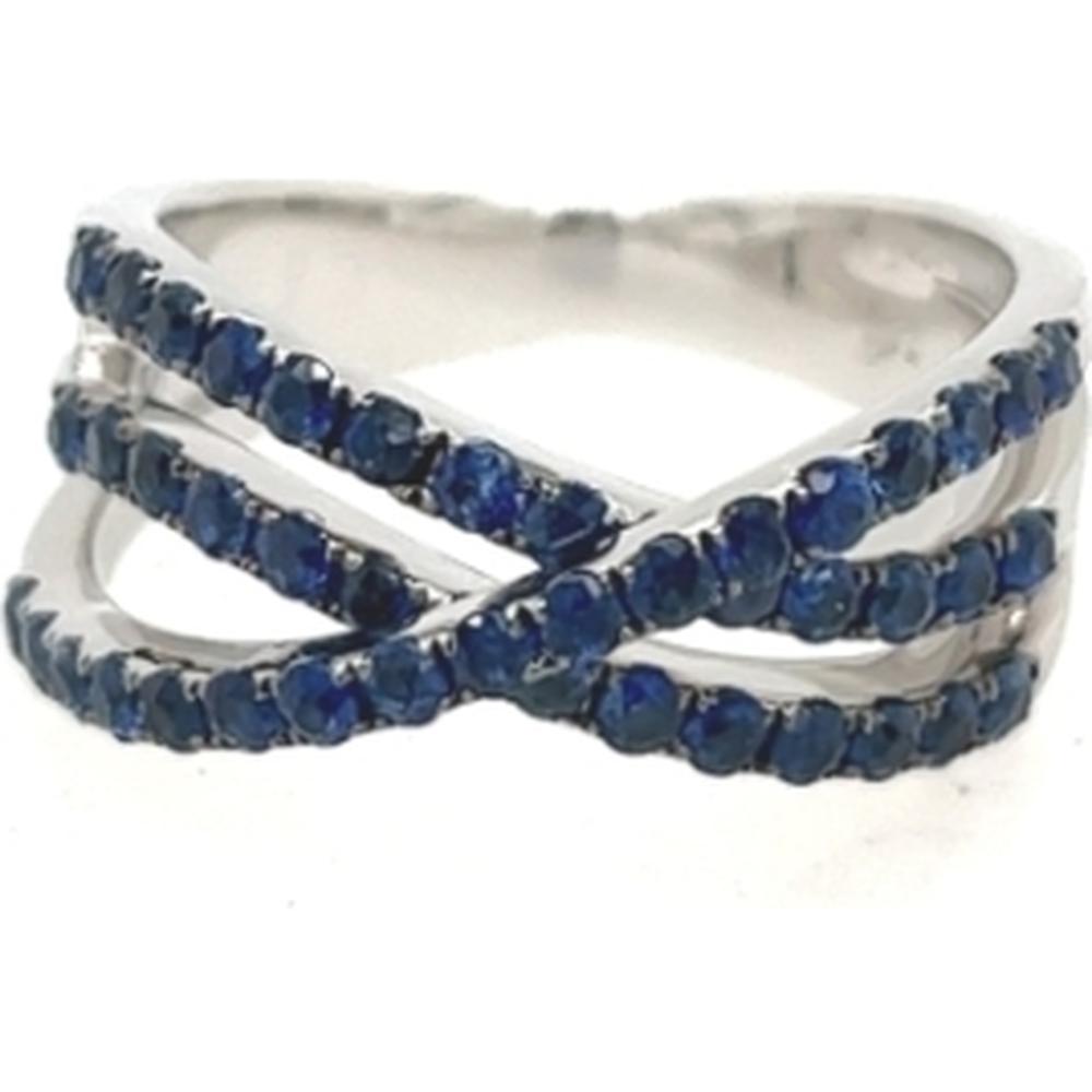 18K White Gold Crisscross Ring with Round Blue Sapphires by Afarin