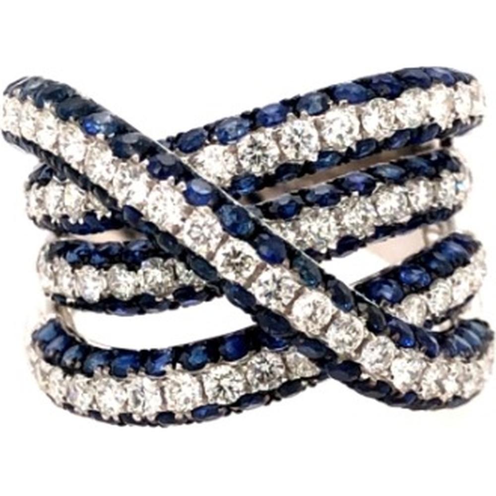 18K White Gold Crisscross Ring with Round Diamonds and Blue Sapphires by Afarin