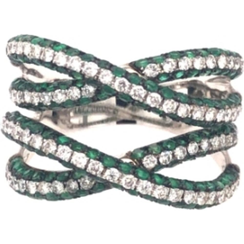 18K White Gold Crisscross Ring with Round Diamonds and Emerald Accents by Afarin