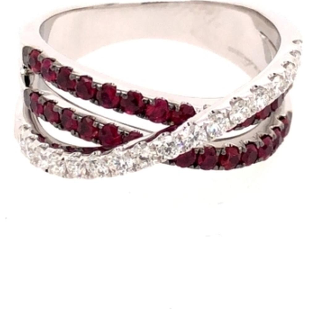 18K White Gold Crisscross Ring with Round Rubies and Diamond Accents by Afarin