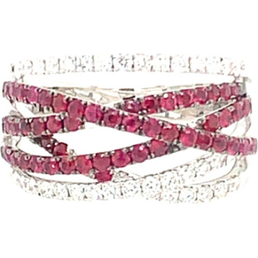 18K White Gold Crisscross Ring with Round Rubies and Diamond Accents by Afarin
