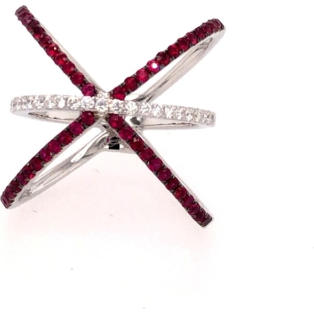18K White Gold Crisscross Ring with Round Rubies and Diamond Accents by Afarin