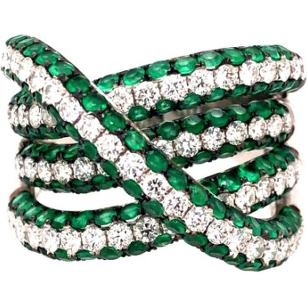 18K White Gold Crisscross Statement Ring with Emeralds and Diamonds by Afarin