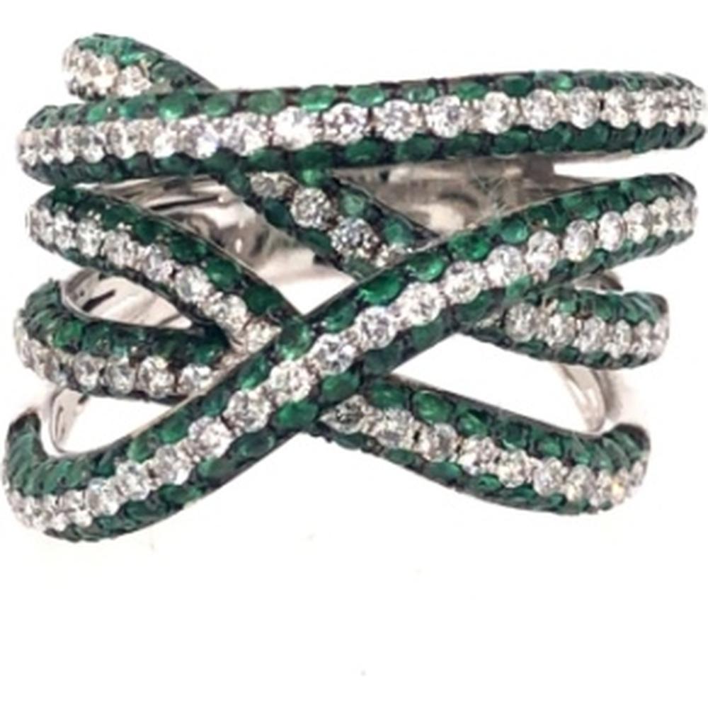 18K White Gold Crisscross Statement Ring with Round Diamonds and Emeralds by Afarin