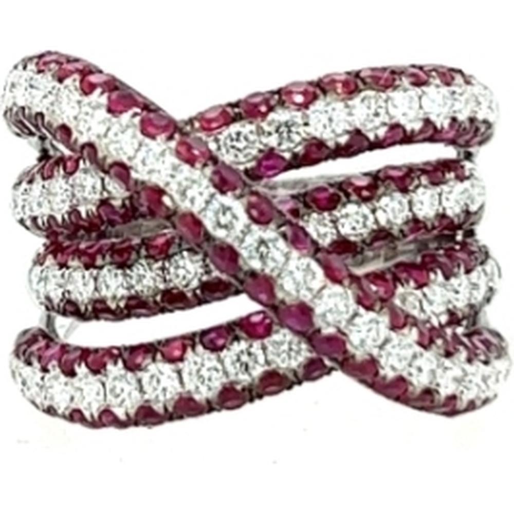 18K White Gold Crisscross Statement Ring with Round Diamonds and Rubies by Afarin