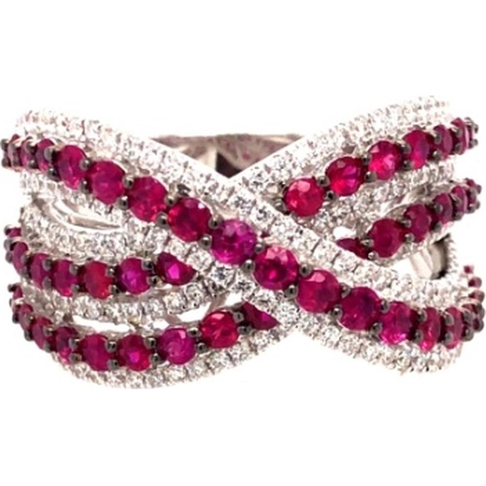 18K White Gold Crisscross Statement Ring with Round Rubies and Diamond Accents by Afarin