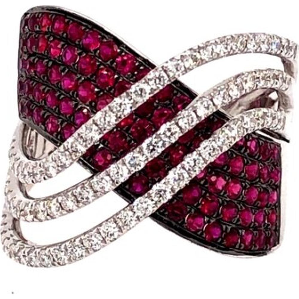 18K White Gold Crisscross Statement Ring with Round Rubies and Diamond Bands by Afarin