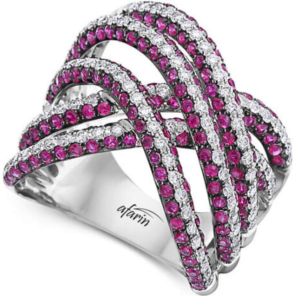 18K White Gold Crisscross Statement Ring with Rubies and Diamonds by Afarin