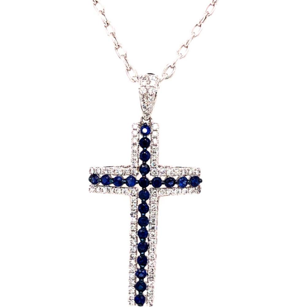 18K White Gold Cross Necklace with Round Blue Sapphires and Diamond Accents by Afarin