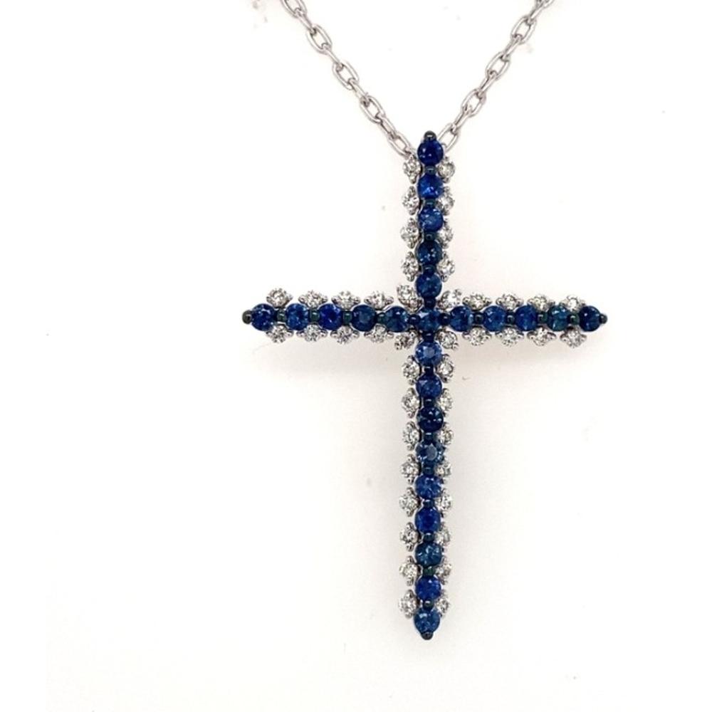 18K White Gold Cross Necklace with Round Blue Sapphires and Round Diamonds by Afarin
