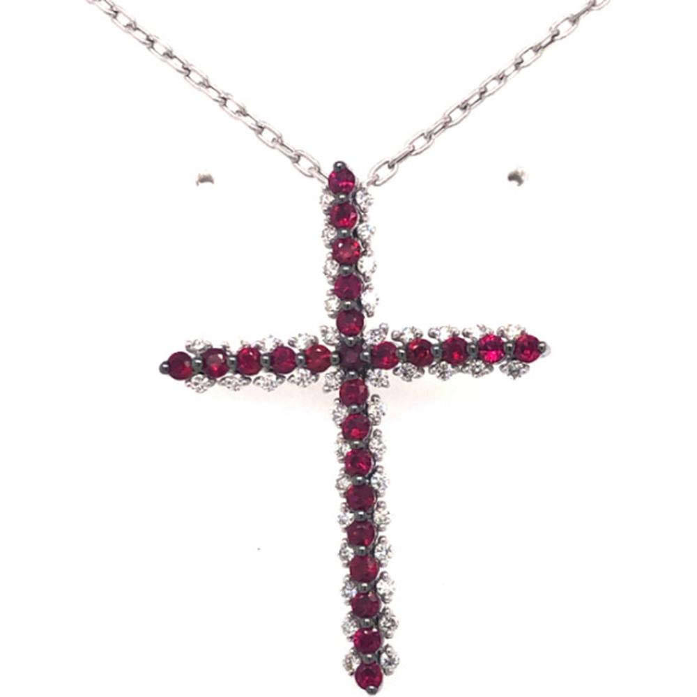 18K White Gold Cross Necklace with Round Rubies and Diamond Accents by Afarin