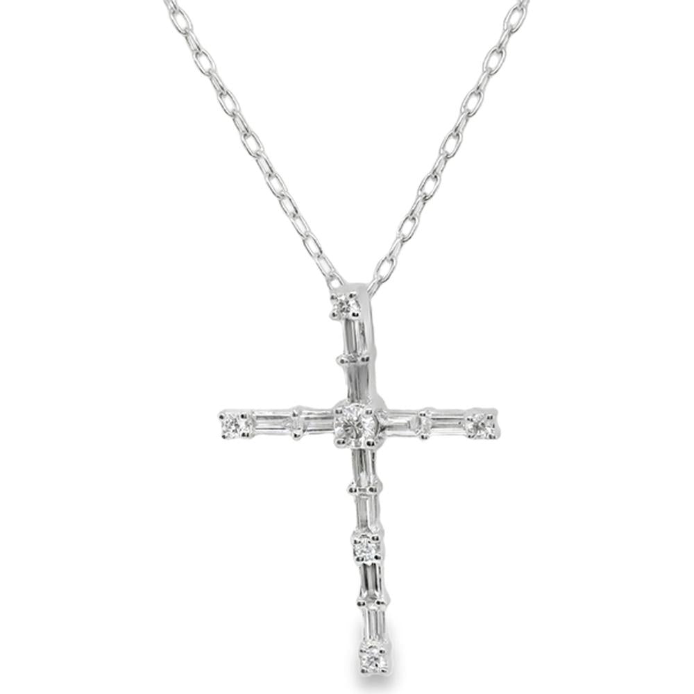 18K White Gold Cross Pendant Necklace with Baguette and Round Diamonds by Afarin