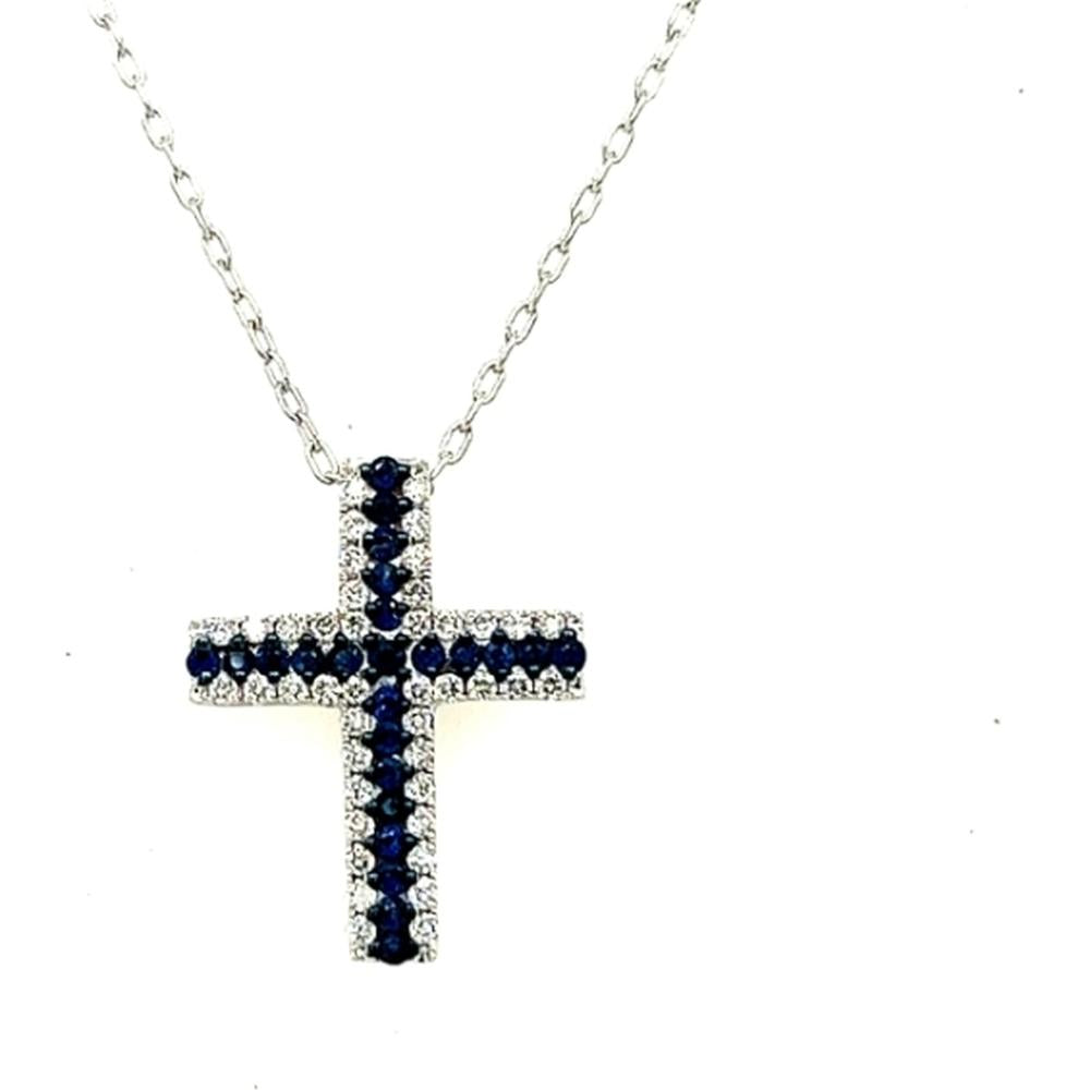 18K White Gold Cross Pendant Necklace with Blue Sapphires and Diamond Accents by Afarin
