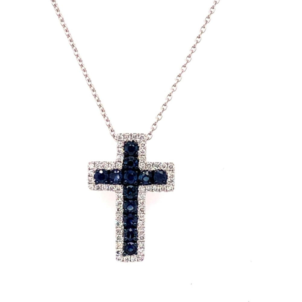 18K White Gold Cross Pendant Necklace with Blue Sapphires and Diamond Halo by Afarin