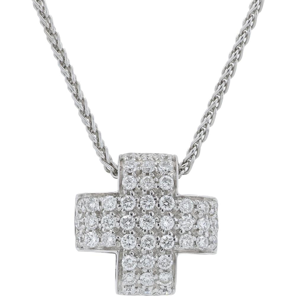 18K White Gold Cross Pendant Necklace with Pavé Set Diamonds - 0.50 Carat Total Diamond Weight