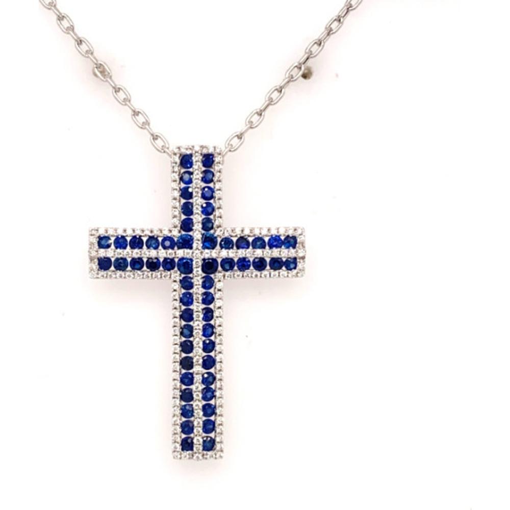 18K White Gold Cross Pendant Necklace with Round Blue Sapphires and Diamond Accents by Afarin