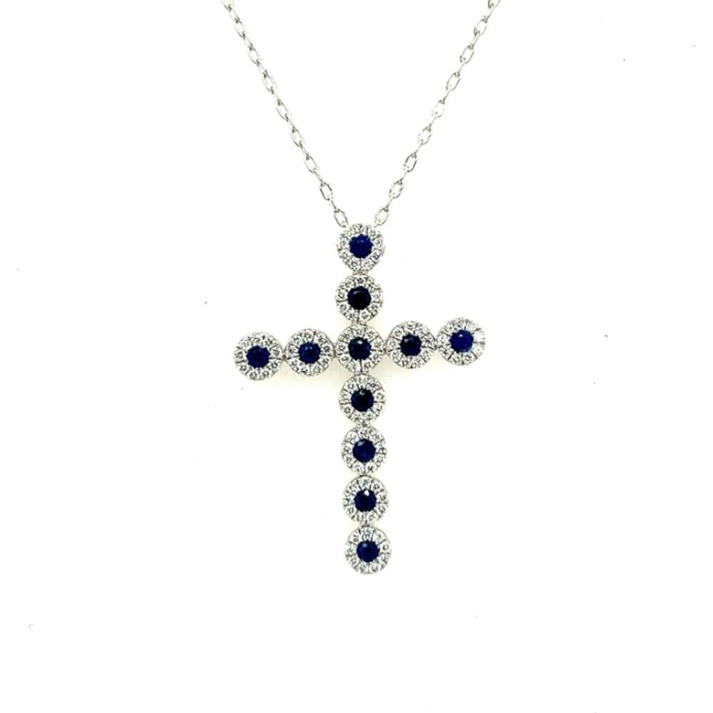 18K White Gold Cross Pendant Necklace with Round Blue Sapphires and Diamond Halos by Afarin