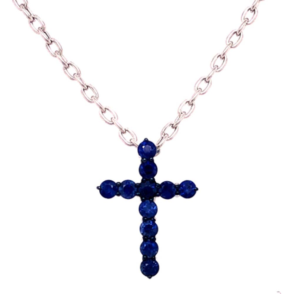 18K White Gold Cross Pendant Necklace with Round Blue Sapphires by Afarin