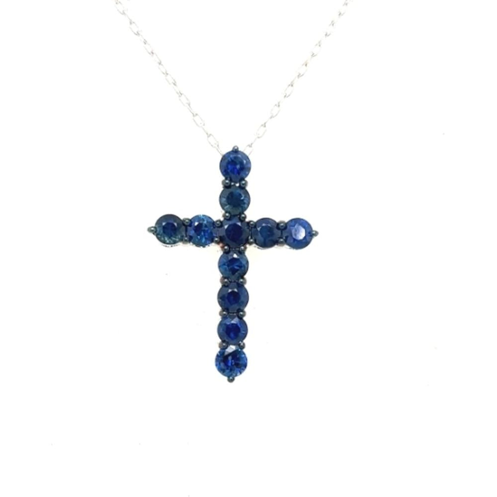 18K White Gold Cross Pendant Necklace with Round Blue Sapphires by Afarin